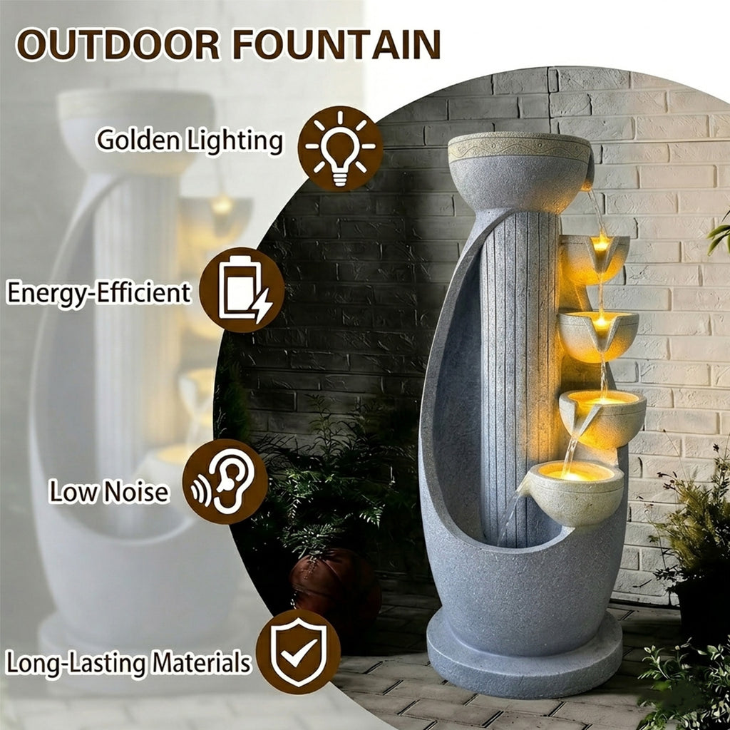 5-Tier Modern Curved Column Cascading Water Fountain, Resin Contemporary Outdoor Water Feature with LED Lights & Quiet Pump, Garden Patio Decor