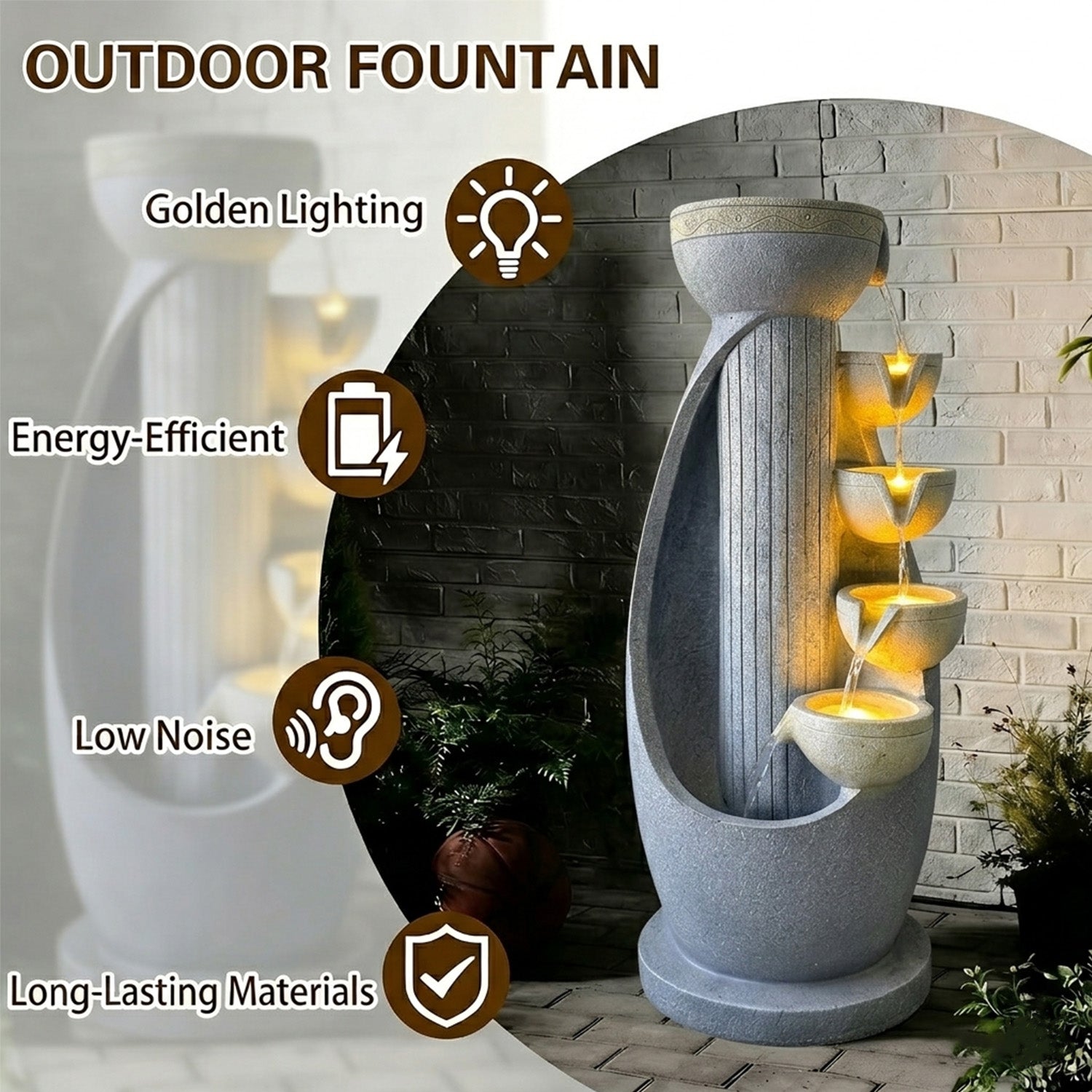 5-Tier Modern Curved Column Cascading Water Fountain, Resin Contemporary Outdoor Water Feature with LED Lights & Quiet Pump, Garden Patio Decor