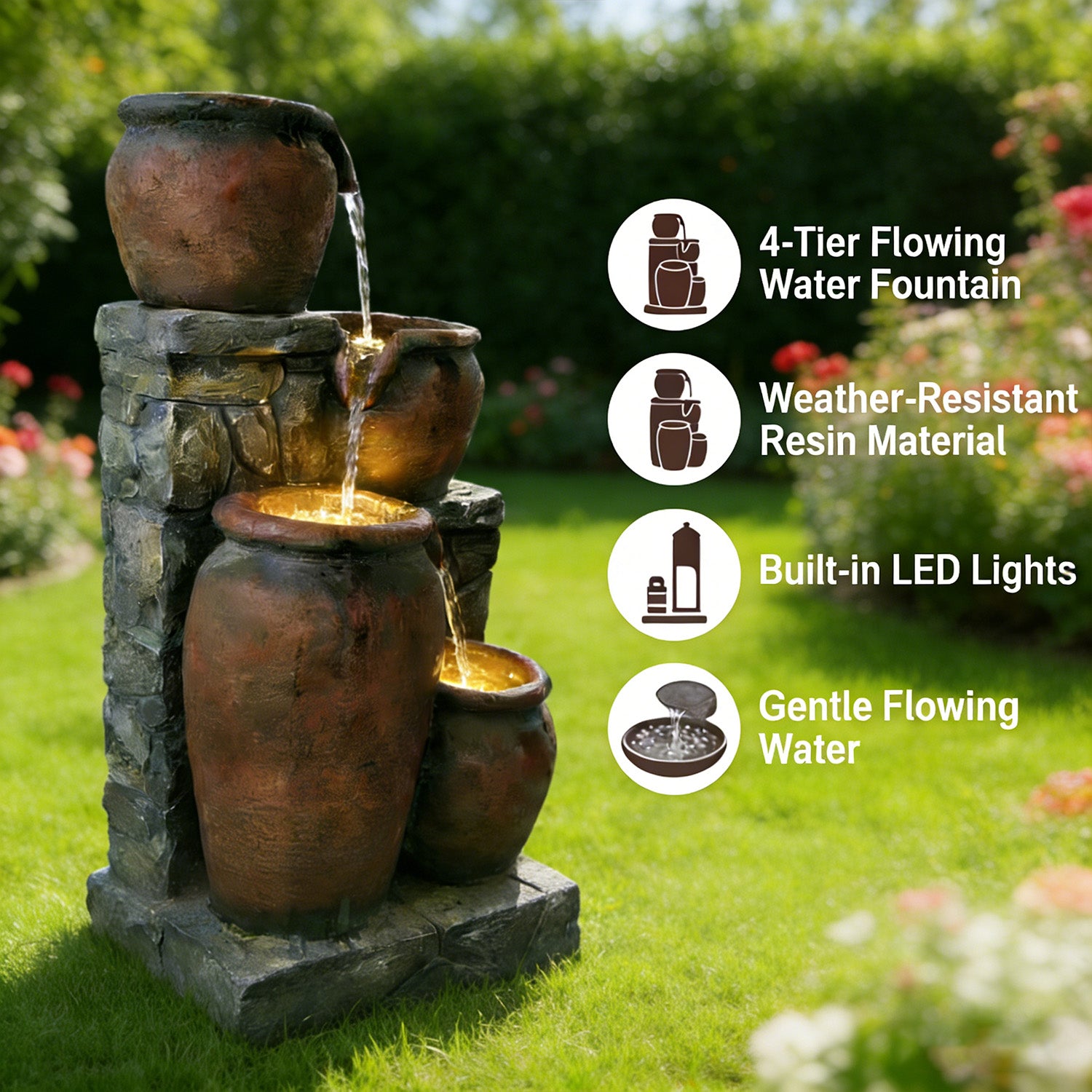 4-Tier Rustic & Stacked Stone Cascading Water Fountain, Resin Outdoor Water Feature with LED Lights & Quiet Pump, Garden Patio Backyard Decor