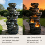 6-Tier Stratified Slate Rock Cascading Water Fountain, Resin Outdoor Water Feature with LED Lights & Quiet Pump, Garden Patio Backyard Decor
