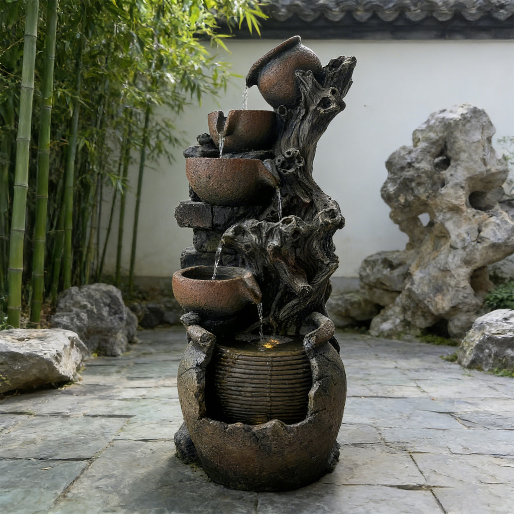6-Tier Cascading Water Fountain, Resin Tree Root & Pot Outdoor Fountain with LED Lights & Quiet Pump, Freestanding Water Feature for Garden, Patio, Backyard Decor