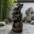 6-Tier Cascading Water Fountain, Resin Tree Root & Pot Outdoor Fountain with LED Lights & Quiet Pump, Freestanding Water Feature for Garden, Patio, Backyard Decor