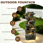 6-Tier Stacked Rock Cascading Water Fountain, Resin Natural Rockery Outdoor Fountain with LED Lights & Quiet Pump, Freestanding Water Feature for Garden Patio Backyard