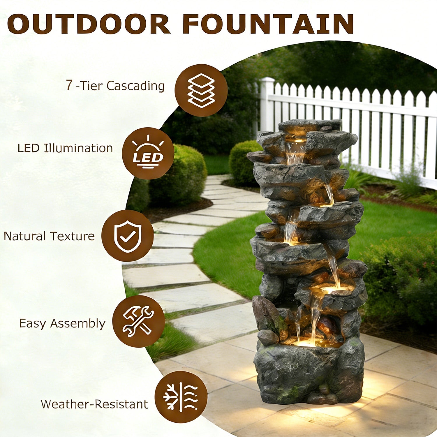 6-Tier Stacked Rock Cascading Water Fountain, Resin Natural Rockery Outdoor Fountain with LED Lights & Quiet Pump, Freestanding Water Feature for Garden Patio Backyard