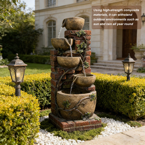 5-Tier Cascading Water Fountain, Resin Brick Wall & Ivy Pot Outdoor Water Feature with LED Lights & Quiet Pump, Garden Patio Backyard Decor, 39.37in H