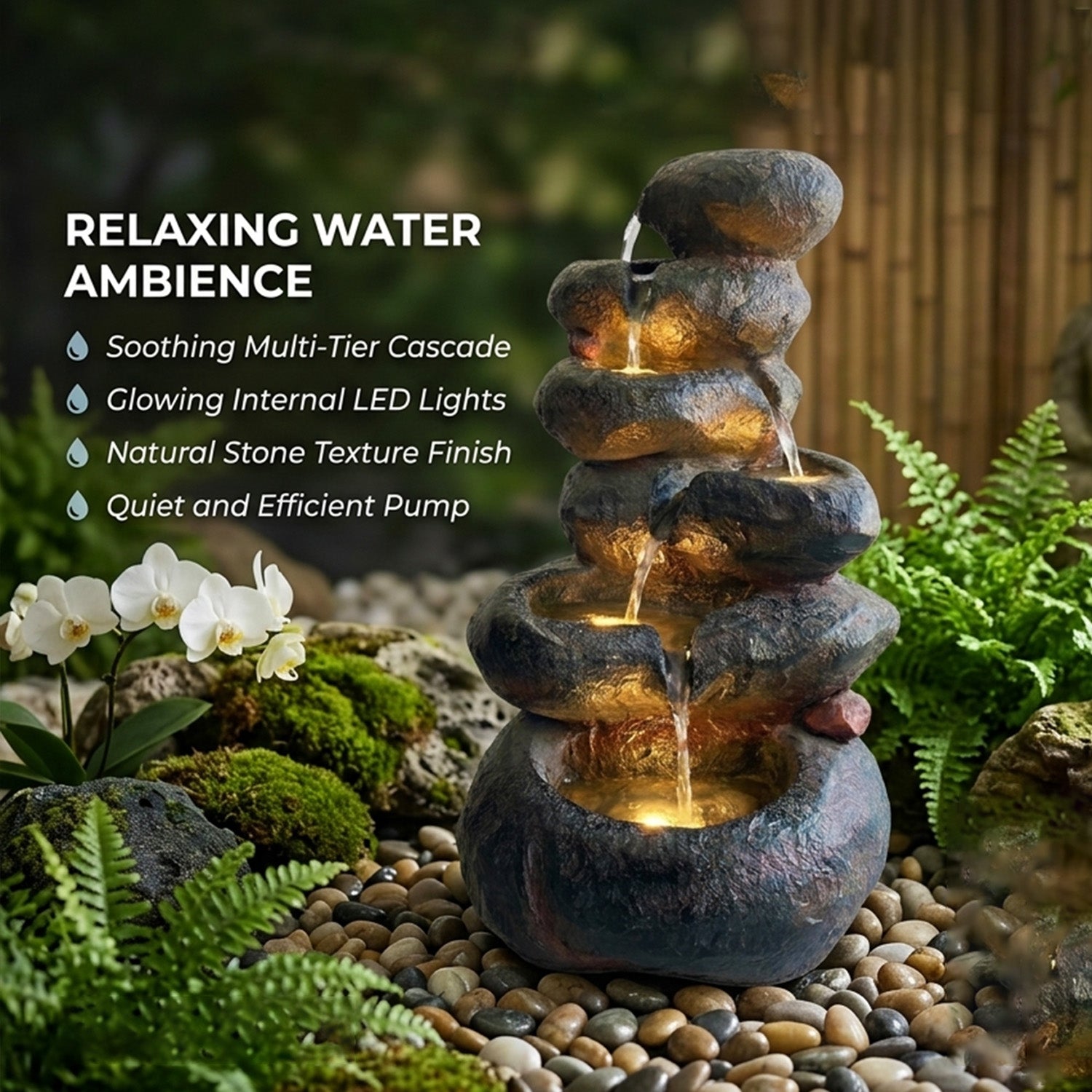 6-Tier Rounded Stacked Boulder Cascading Water Fountain, Resin Outdoor Rock Water Feature with LED Lights & Quiet Pump, Garden Patio Backyard Decor