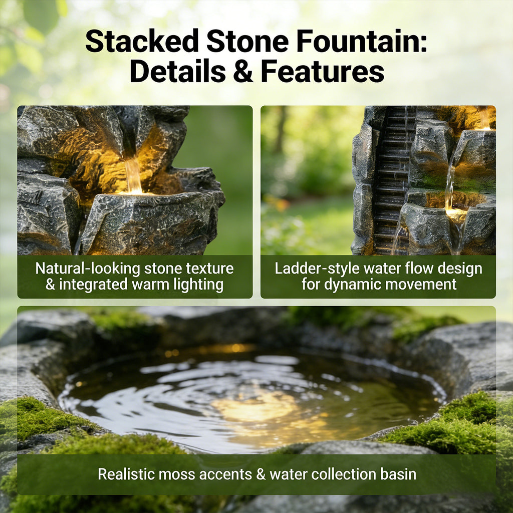 6-Tier Dual-Flow Cascading Rock Water Fountain, Resin Outdoor Waterfall Feature with LED Lights & Quiet Pump, Garden Patio Backyard Decor