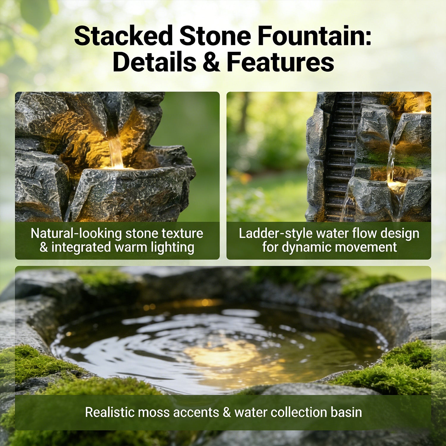 6-Tier Dual-Flow Cascading Rock Water Fountain, Resin Outdoor Waterfall Feature with LED Lights & Quiet Pump, Garden Patio Backyard Decor
