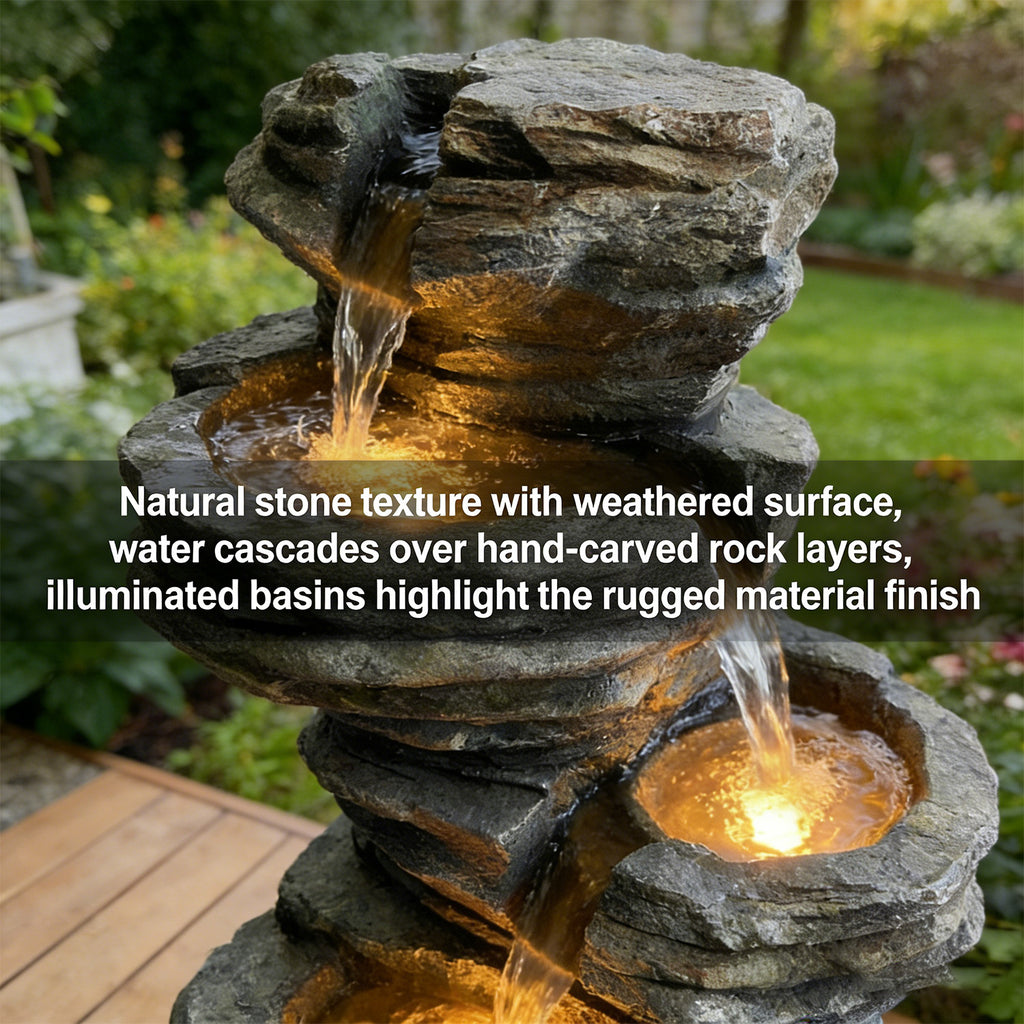 6-Tier Stratified Slate Rock Cascading Water Fountain, Resin Outdoor Water Feature with LED Lights & Quiet Pump, Garden Patio Backyard Decor