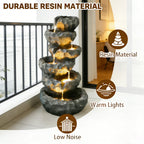 6-Tier Cascading Water Fountain with LED Lights, Outdoor Resin Rockery Fountain with Quiet Pump, Freestanding Water Feature for Garden, Patio, Balcony Decor