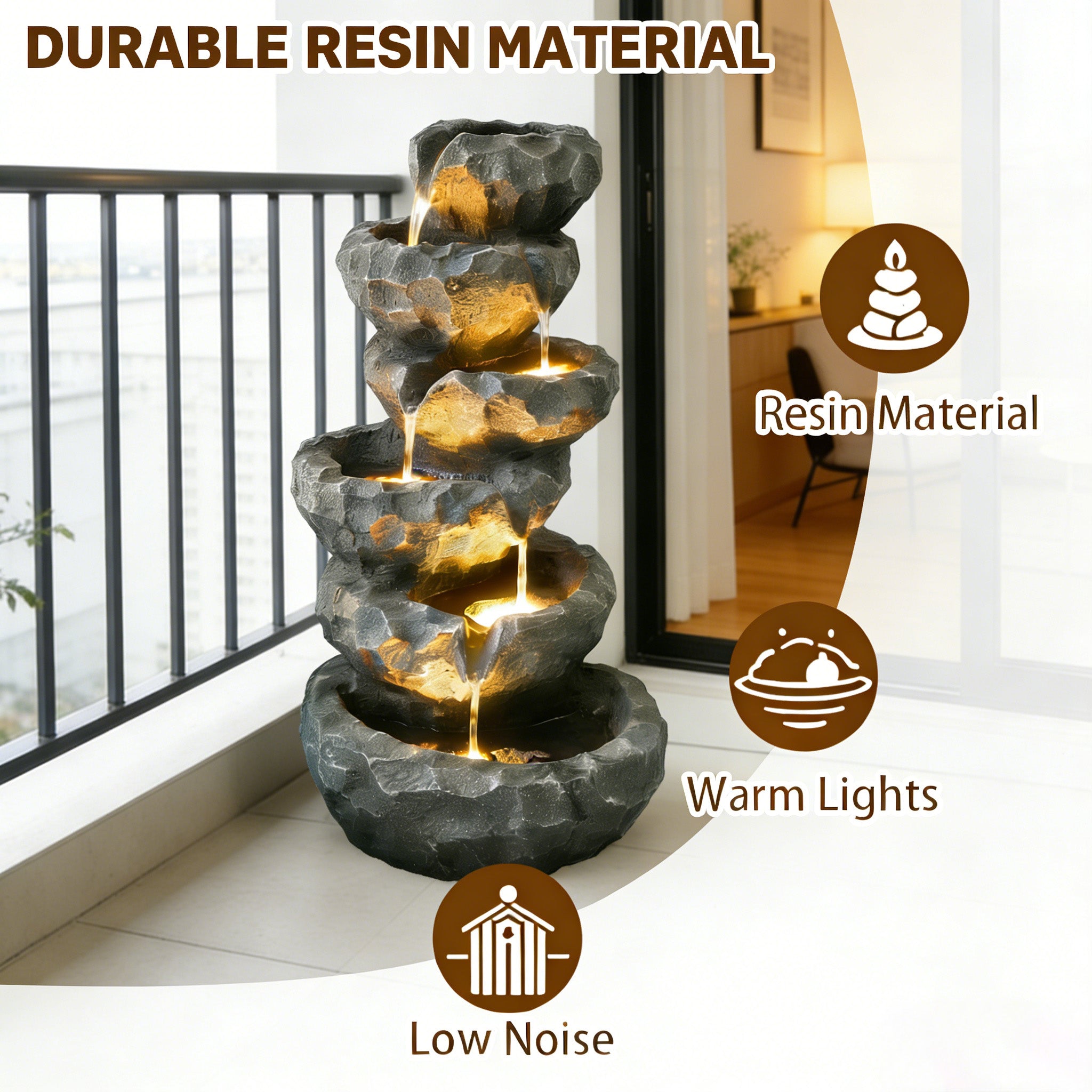 6-Tier Cascading Water Fountain with LED Lights, Outdoor Resin Rockery Fountain with Quiet Pump, Freestanding Water Feature for Garden, Patio, Balcony Decor