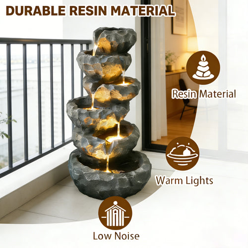 6-Tier Cascading Water Fountain with LED Lights, Outdoor Resin Rockery Fountain with Quiet Pump, Freestanding Water Feature for Garden, Patio, Balcony Decor