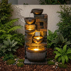 5-Tier Cascading Water Fountain, Resin Stacked Stone Column & Textured Pot Outdoor Water Feature with LED Lights & Quiet Pump, Garden Patio Decor