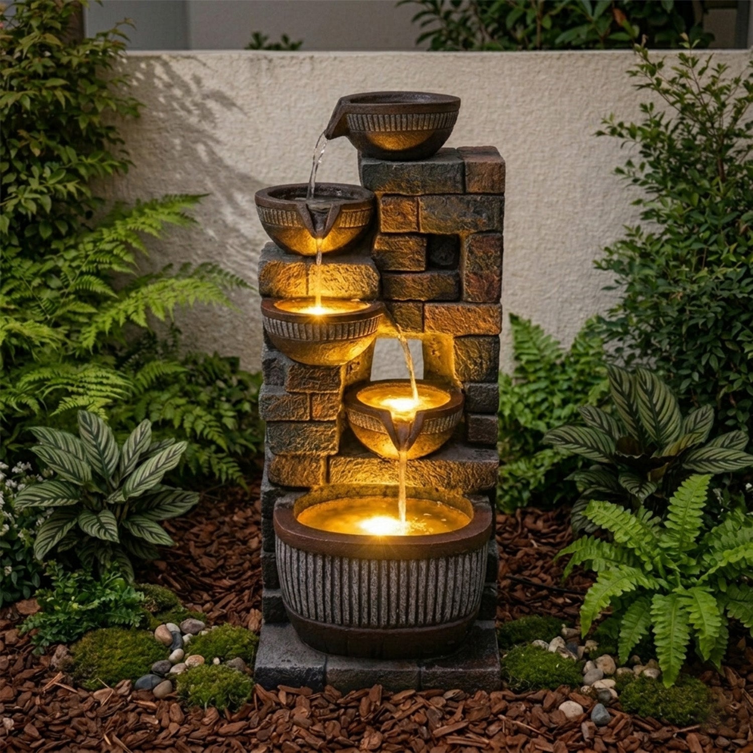 5-Tier Cascading Water Fountain, Resin Stacked Stone Column & Textured Pot Outdoor Water Feature with LED Lights & Quiet Pump, Garden Patio Decor