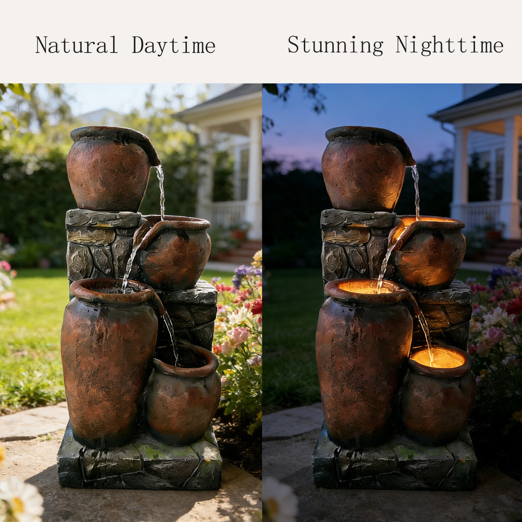 4-Tier Rustic & Stacked Stone Cascading Water Fountain, Resin Outdoor Water Feature with LED Lights & Quiet Pump, Garden Patio Backyard Decor