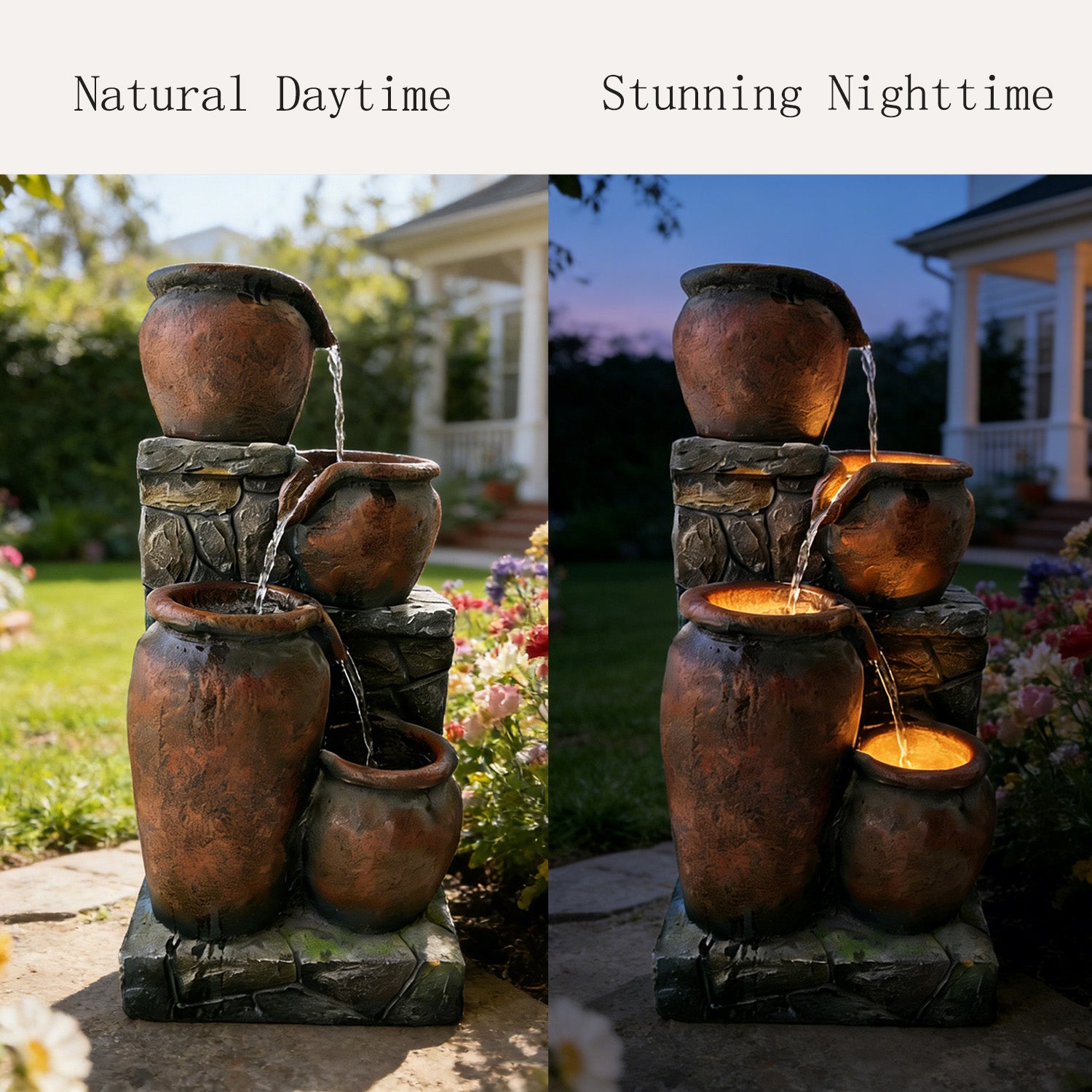 4-Tier Rustic & Stacked Stone Cascading Water Fountain, Resin Outdoor Water Feature with LED Lights & Quiet Pump, Garden Patio Backyard Decor