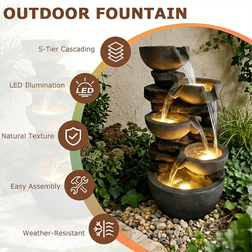 5-Tier Cascading Rock Bowl & Stacked Slate Water Fountain, Resin Outdoor Water Feature with LED Lights & Quiet Pump, Garden Patio Backyard Decor