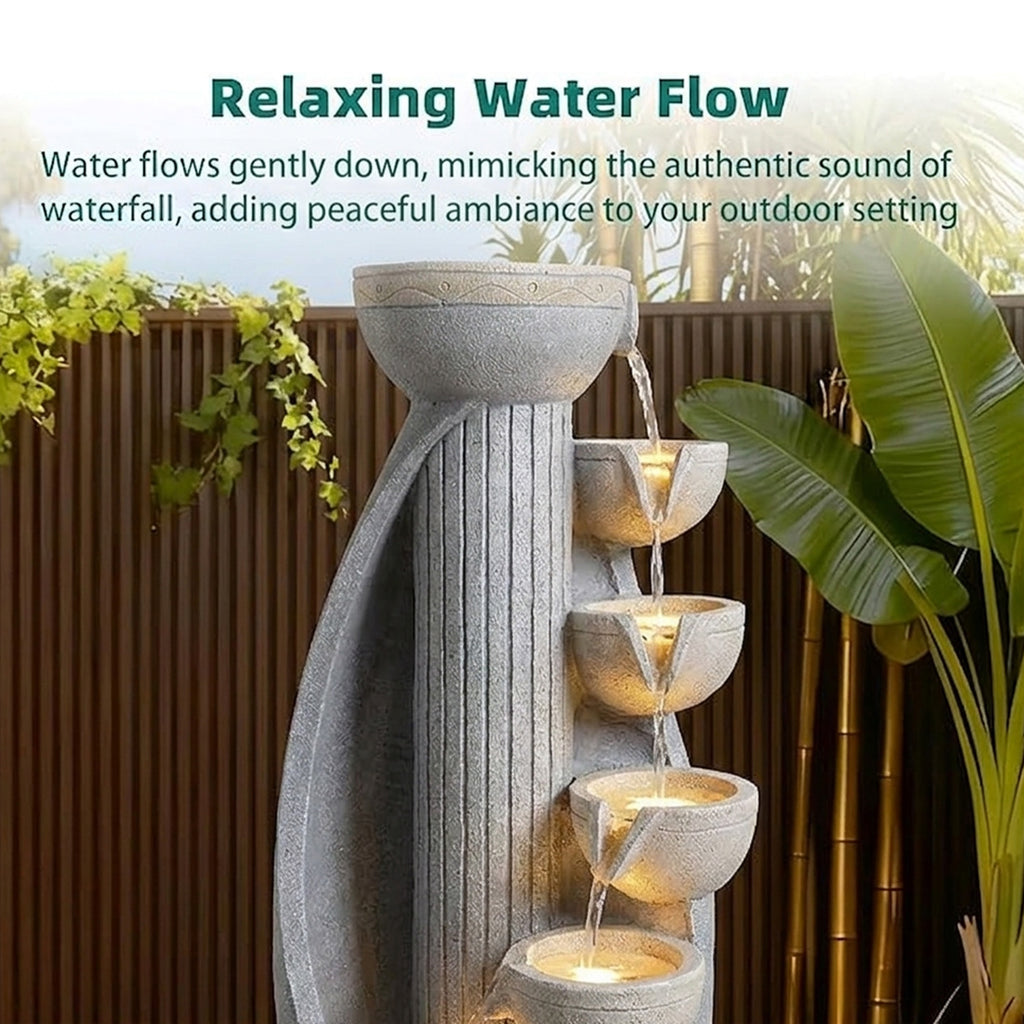 5-Tier Modern Curved Column Cascading Water Fountain, Resin Contemporary Outdoor Water Feature with LED Lights & Quiet Pump, Garden Patio Decor