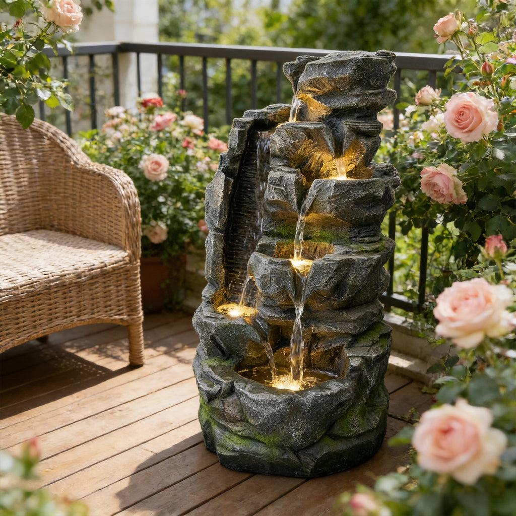 6-Tier Dual-Flow Cascading Rock Water Fountain, Resin Outdoor Waterfall Feature with LED Lights & Quiet Pump, Garden Patio Backyard Decor