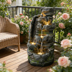 6-Tier Dual-Flow Cascading Rock Water Fountain, Resin Outdoor Waterfall Feature with LED Lights & Quiet Pump, Garden Patio Backyard Decor