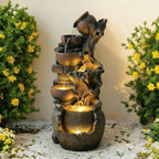 6-Tier Cascading Water Fountain, Resin Tree Root & Pot Outdoor Fountain with LED Lights & Quiet Pump, Freestanding Water Feature for Garden, Patio, Backyard Decor