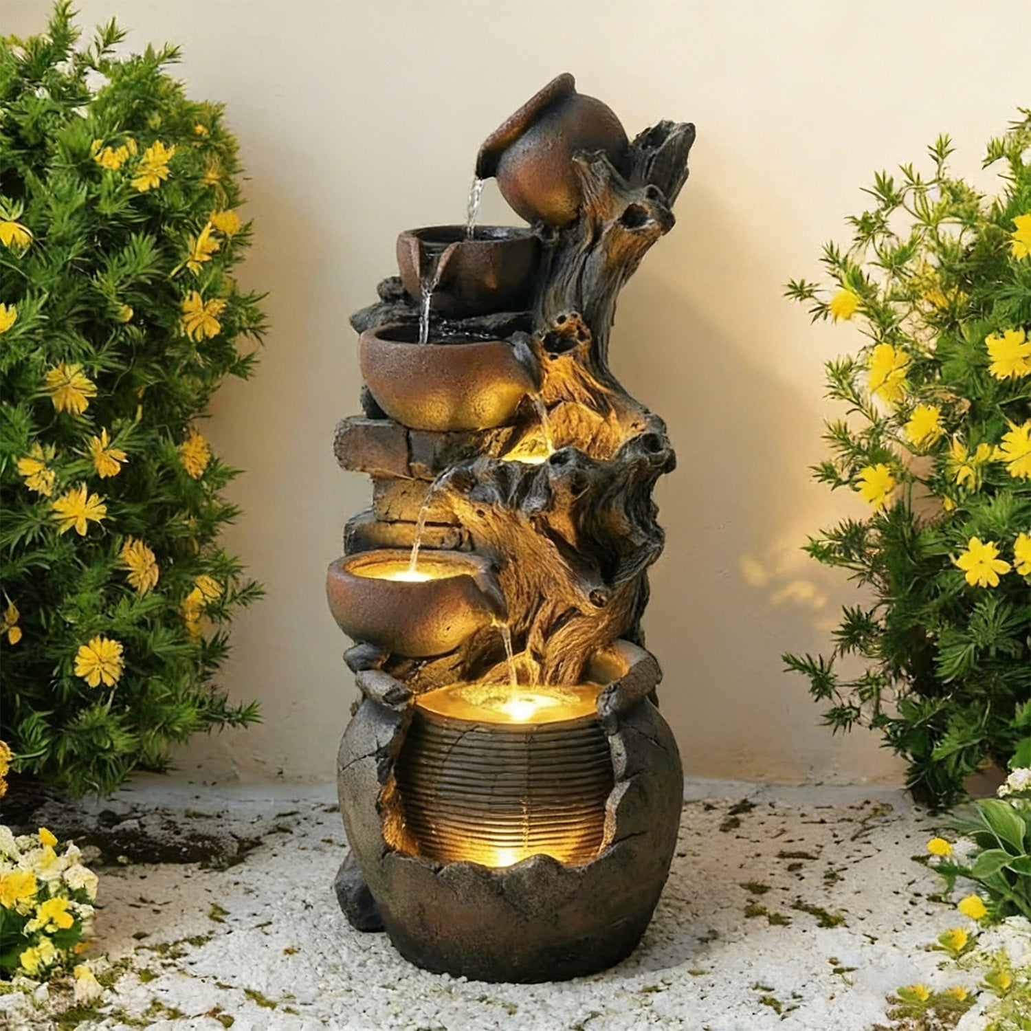 6-Tier Cascading Water Fountain, Resin Tree Root & Pot Outdoor Fountain with LED Lights & Quiet Pump, Freestanding Water Feature for Garden, Patio, Backyard Decor