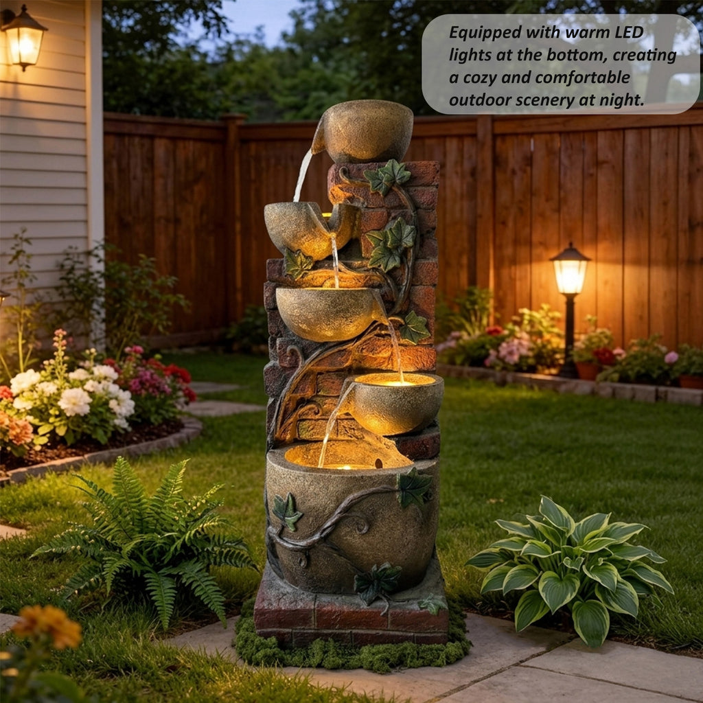 5-Tier Cascading Water Fountain, Resin Brick Wall & Ivy Pot Outdoor Water Feature with LED Lights & Quiet Pump, Garden Patio Backyard Decor, 39.37in H