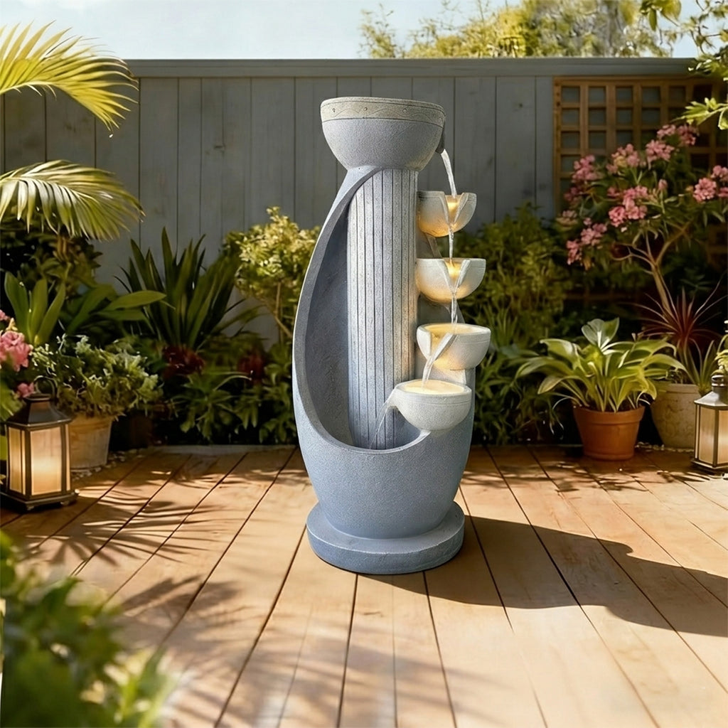 5-Tier Modern Curved Column Cascading Water Fountain, Resin Contemporary Outdoor Water Feature with LED Lights & Quiet Pump, Garden Patio Decor