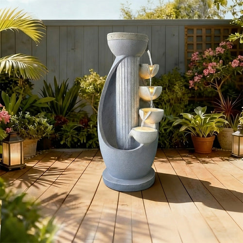5-Tier Modern Curved Column Cascading Water Fountain, Resin Contemporary Outdoor Water Feature with LED Lights & Quiet Pump, Garden Patio Decor