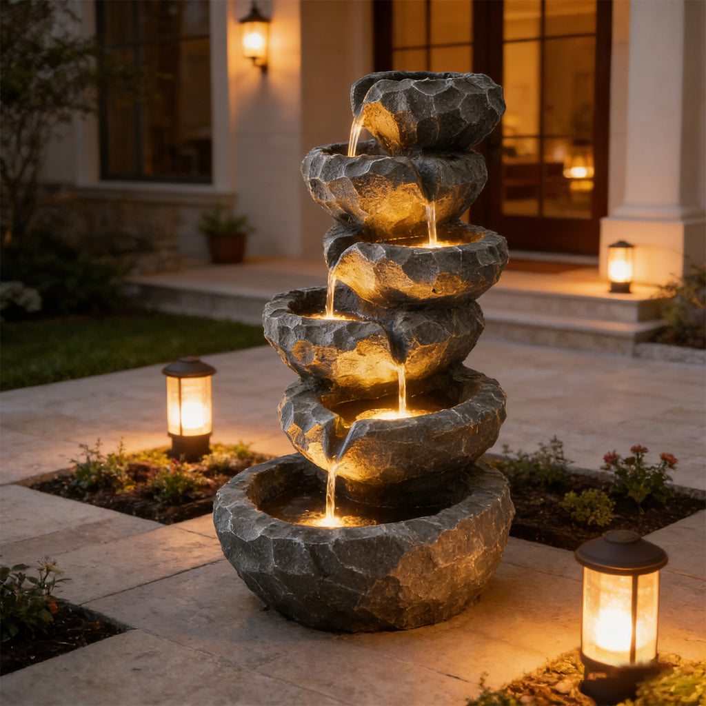 6-Tier Cascading Water Fountain with LED Lights, Outdoor Resin Rockery Fountain with Quiet Pump, Freestanding Water Feature for Garden, Patio, Balcony Decor