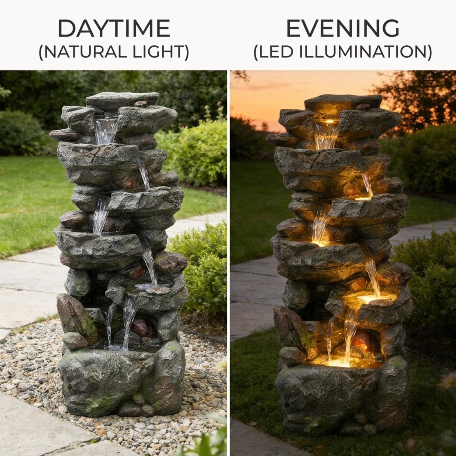6-Tier Stacked Rock Cascading Water Fountain, Resin Natural Rockery Outdoor Fountain with LED Lights & Quiet Pump, Freestanding Water Feature for Garden Patio Backyard