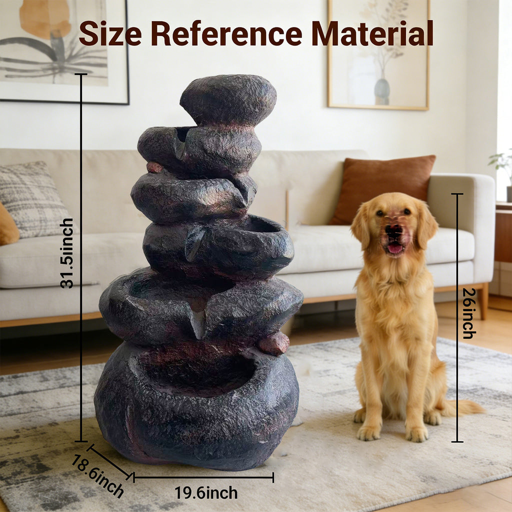 6-Tier Rounded Stacked Boulder Cascading Water Fountain, Resin Outdoor Rock Water Feature with LED Lights & Quiet Pump, Garden Patio Backyard Decor