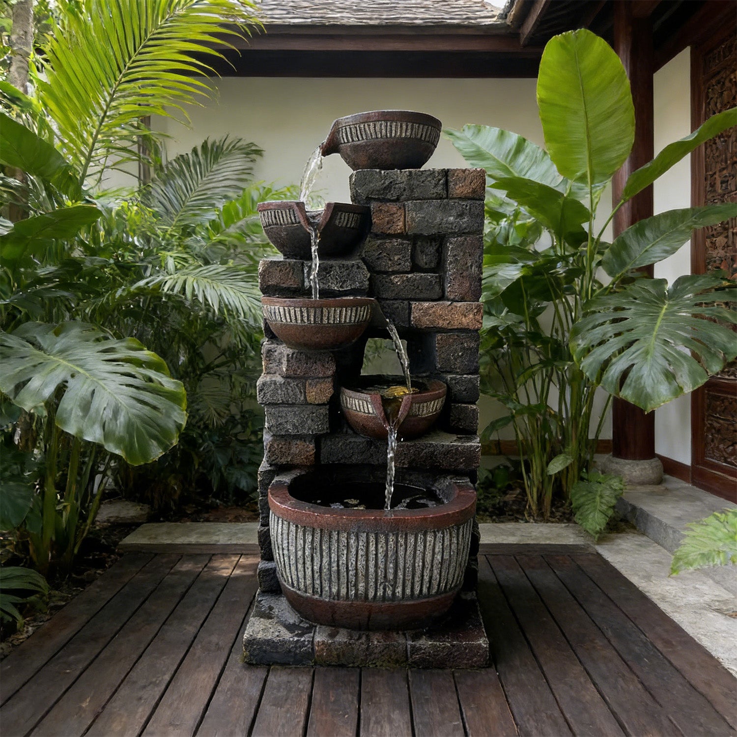 5-Tier Cascading Water Fountain, Resin Stacked Stone Column & Textured Pot Outdoor Water Feature with LED Lights & Quiet Pump, Garden Patio Decor