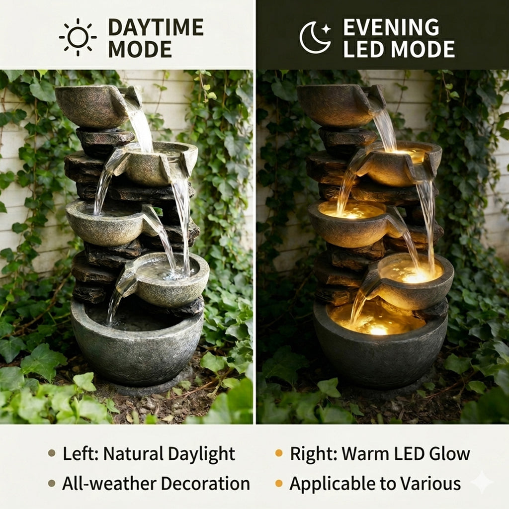 5-Tier Cascading Rock Bowl & Stacked Slate Water Fountain, Resin Outdoor Water Feature with LED Lights & Quiet Pump, Garden Patio Backyard Decor