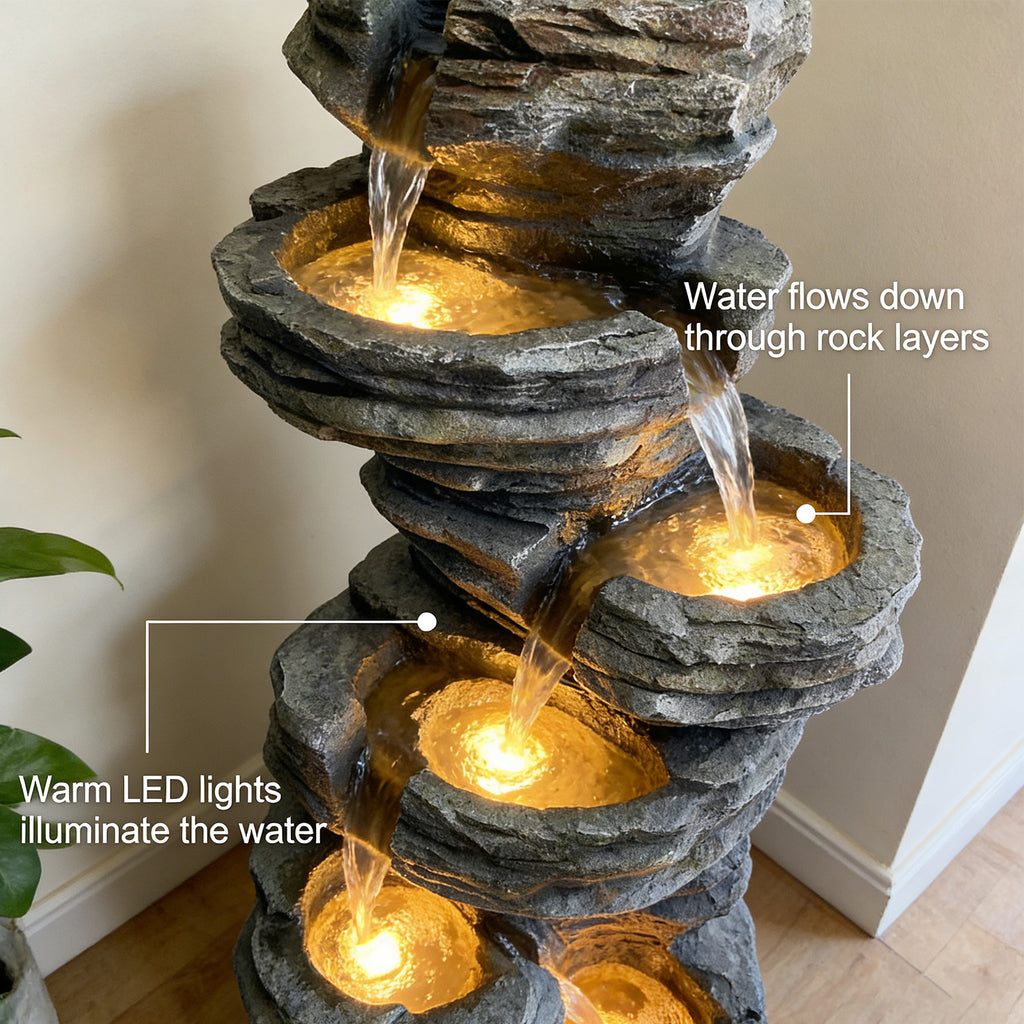 6-Tier Stratified Slate Rock Cascading Water Fountain, Resin Outdoor Water Feature with LED Lights & Quiet Pump, Garden Patio Backyard Decor