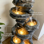 6-Tier Stratified Slate Rock Cascading Water Fountain, Resin Outdoor Water Feature with LED Lights & Quiet Pump, Garden Patio Backyard Decor