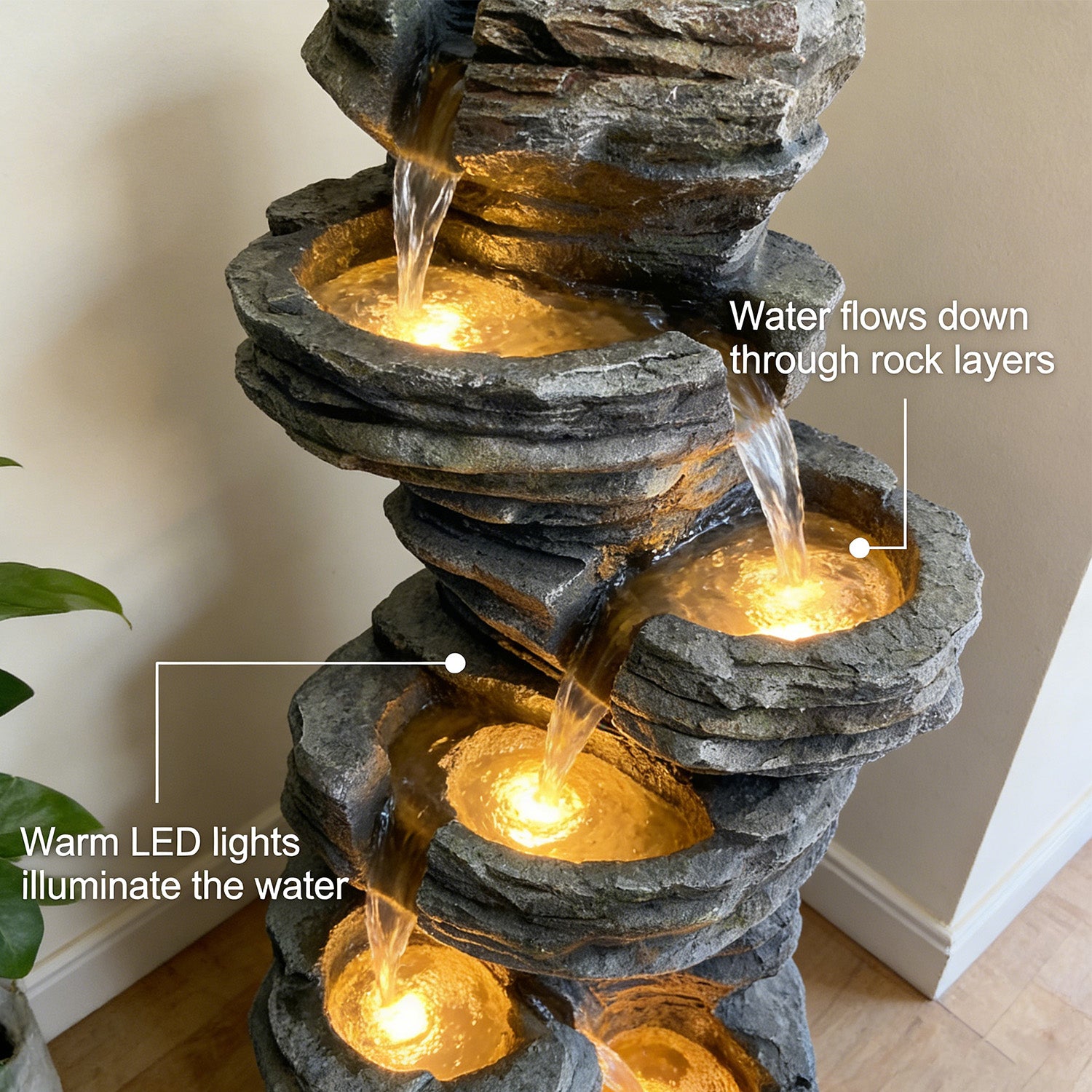 6-Tier Stratified Slate Rock Cascading Water Fountain, Resin Outdoor Water Feature with LED Lights & Quiet Pump, Garden Patio Backyard Decor