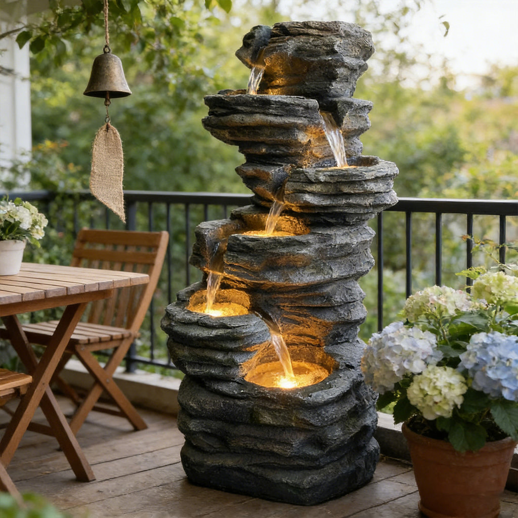 6-Tier Stratified Slate Rock Cascading Water Fountain, Resin Outdoor Water Feature with LED Lights & Quiet Pump, Garden Patio Backyard Decor