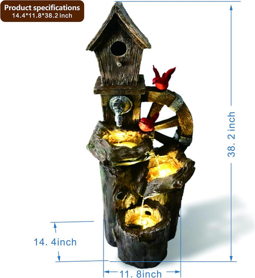 3-Tier Birdhouse Outdoor Fountain with LED Lights & Water Wheel