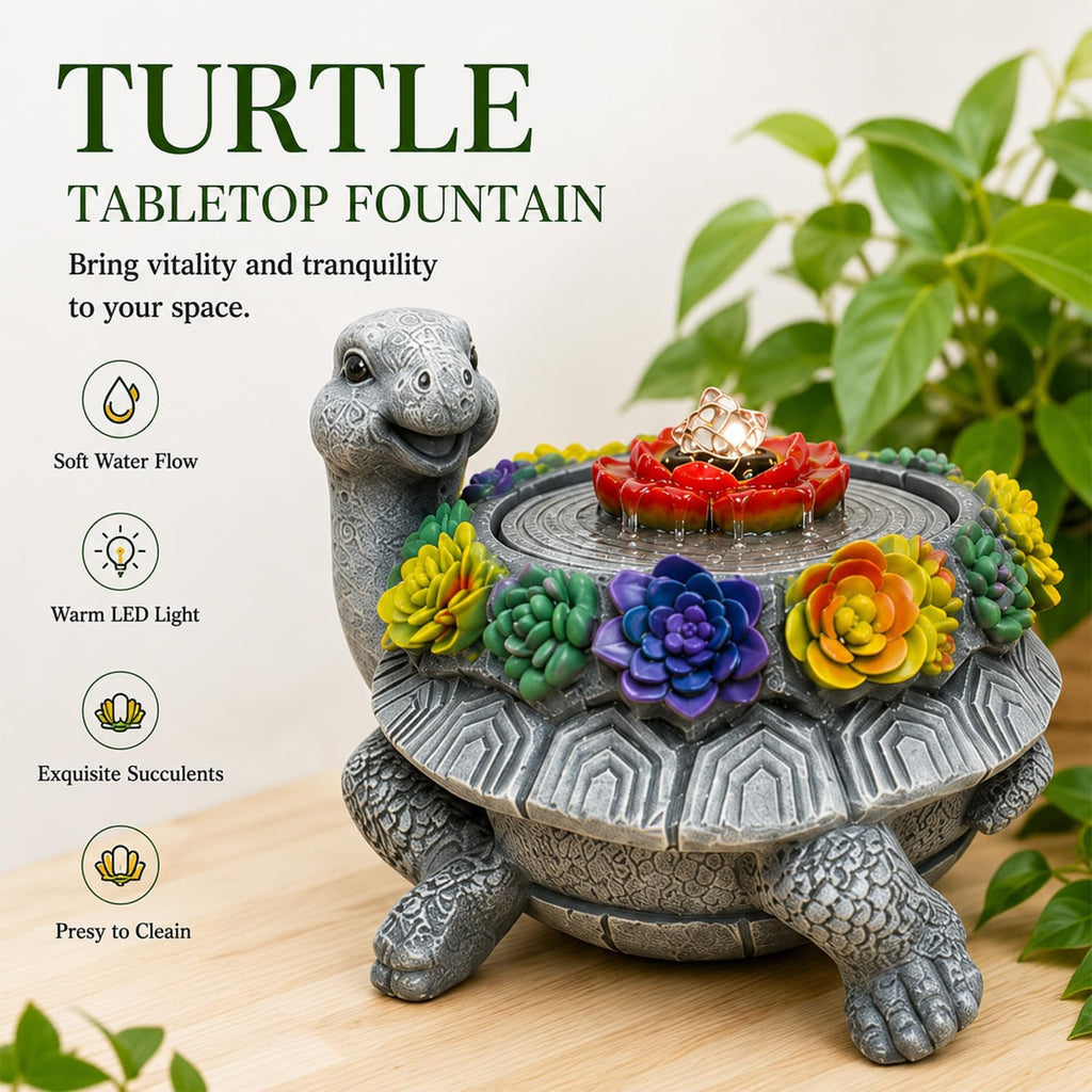 Turtle Tabletop Waterfall Fountain with LED Lights – 11″ Desktop Home Office Decor, Quiet Indoor Water Feature Humidifier, Feng Shui Lucky Turtle Gift