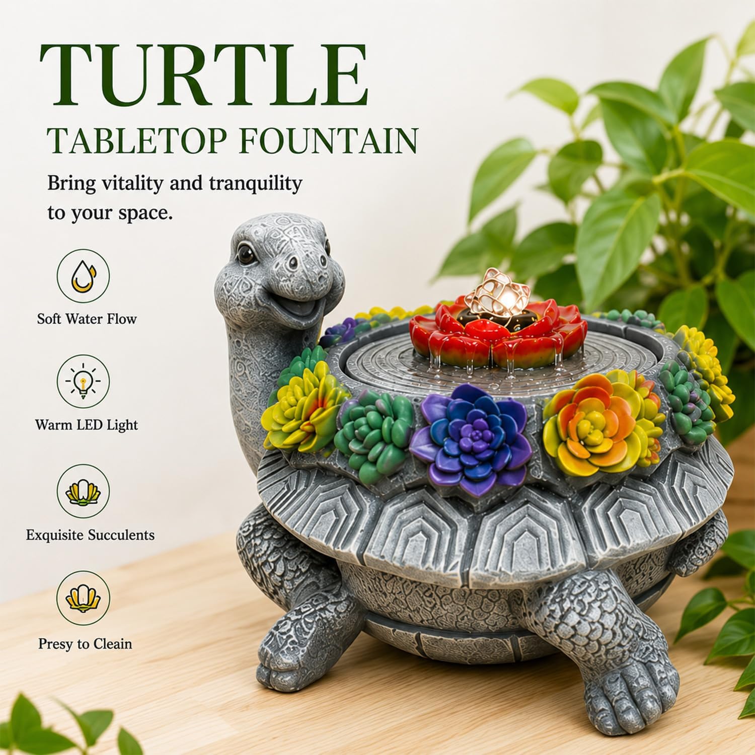 Turtle Tabletop Waterfall Fountain with LED Lights – 11″ Desktop Home Office Decor, Quiet Indoor Water Feature Humidifier, Feng Shui Lucky Turtle Gift