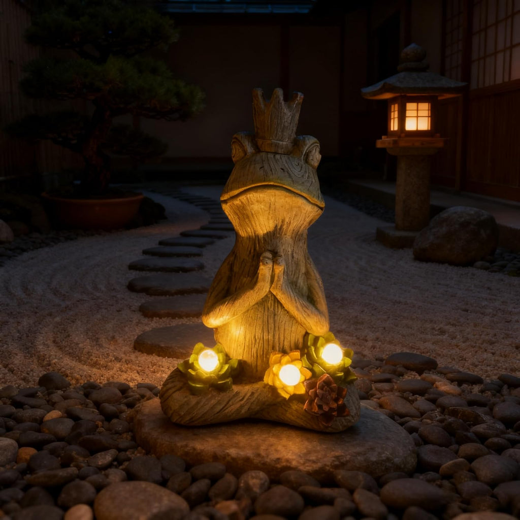 Large Garden Statue Yoga Frog Sustainable Eco-Friendly Solar Lights with LED Sustainability Sculpture Courtyard Balcony Home Decoration（12" Tall