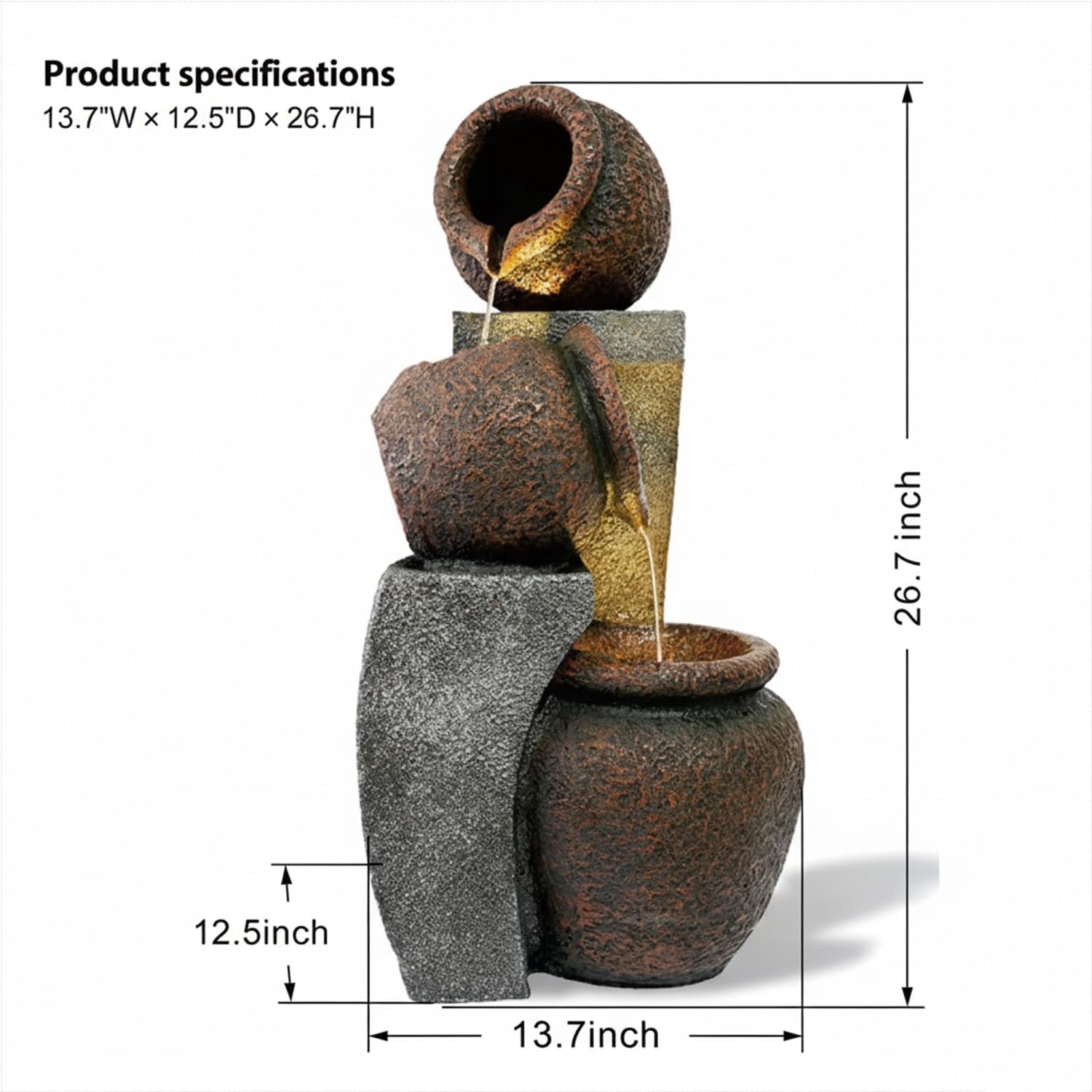 26.7" Faux Stone 3-Tier Cascading Water Fountain with LED Lights, Indoor/Outdoor Resin Water Feature for Patio, Garden, Deck, Plug-in, Weather-Resistant, Modern Tabletop/Ground Fountain