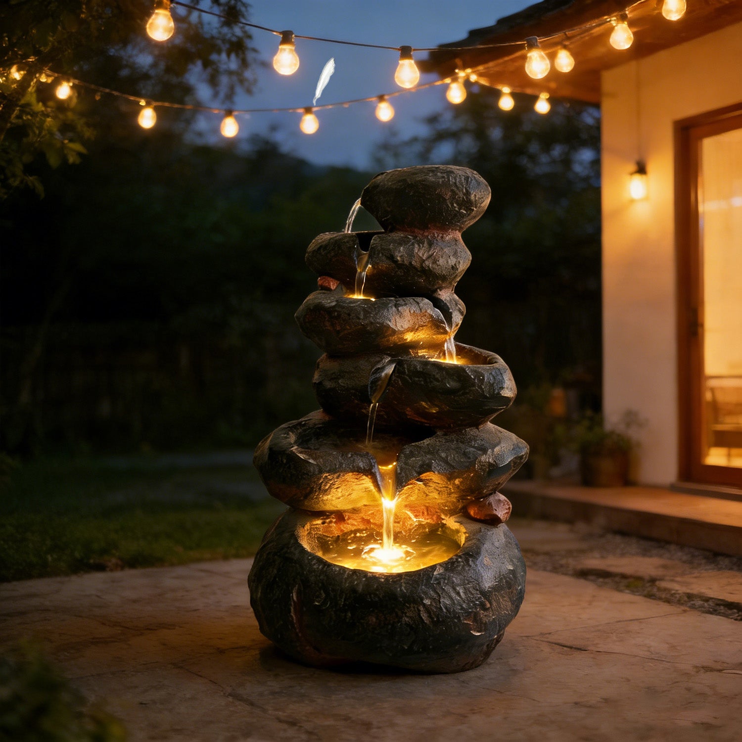6-Tier Rounded Stacked Boulder Cascading Water Fountain, Resin Outdoor Rock Water Feature with LED Lights & Quiet Pump, Garden Patio Backyard Decor