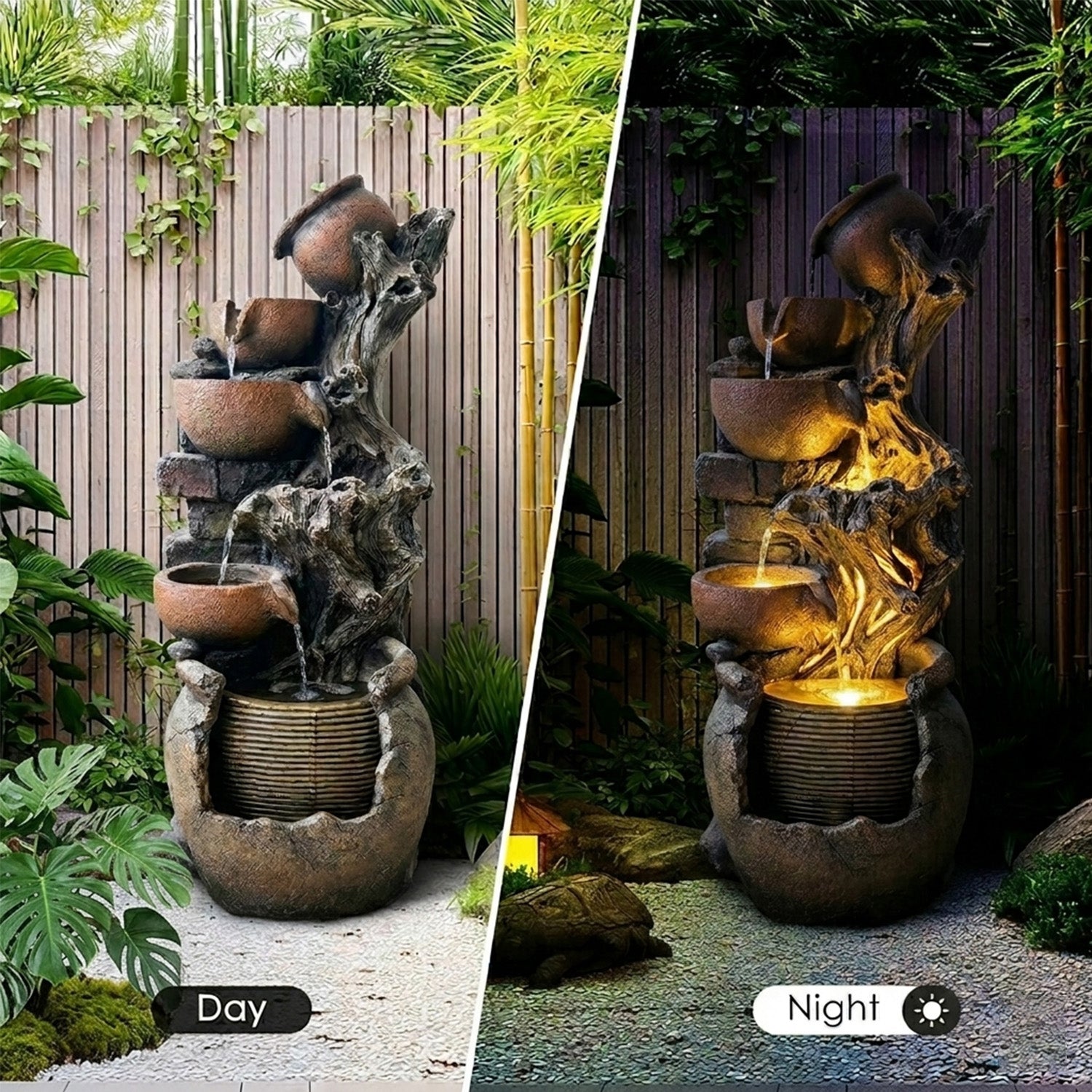 6-Tier Cascading Water Fountain, Resin Tree Root & Pot Outdoor Fountain with LED Lights & Quiet Pump, Freestanding Water Feature for Garden, Patio, Backyard Decor
