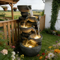 5-Tier Cascading Rock Bowl & Stacked Slate Water Fountain, Resin Outdoor Water Feature with LED Lights & Quiet Pump, Garden Patio Backyard Decor