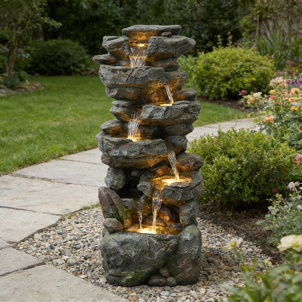 6-Tier Stacked Rock Cascading Water Fountain, Resin Natural Rockery Outdoor Fountain with LED Lights & Quiet Pump, Freestanding Water Feature for Garden Patio Backyard