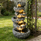 6-Tier Cascading Water Fountain with LED Lights, Outdoor Resin Rockery Fountain with Quiet Pump, Freestanding Water Feature for Garden, Patio, Balcony Decor