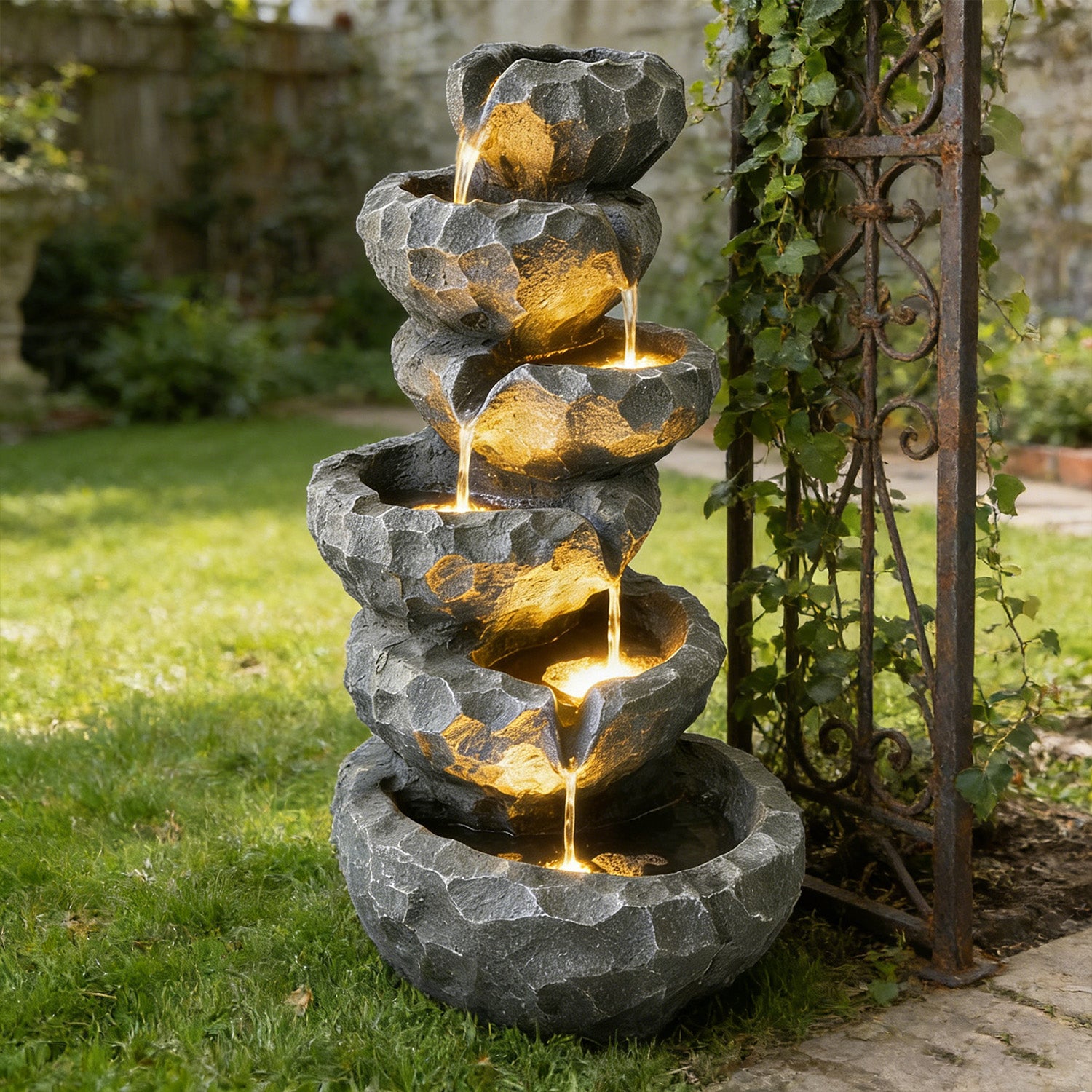 6-Tier Cascading Water Fountain with LED Lights, Outdoor Resin Rockery Fountain with Quiet Pump, Freestanding Water Feature for Garden, Patio, Balcony Decor