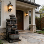 5-Tier Cascading Water Fountain, Resin Stacked Stone Column & Textured Pot Outdoor Water Feature with LED Lights & Quiet Pump, Garden Patio Decor